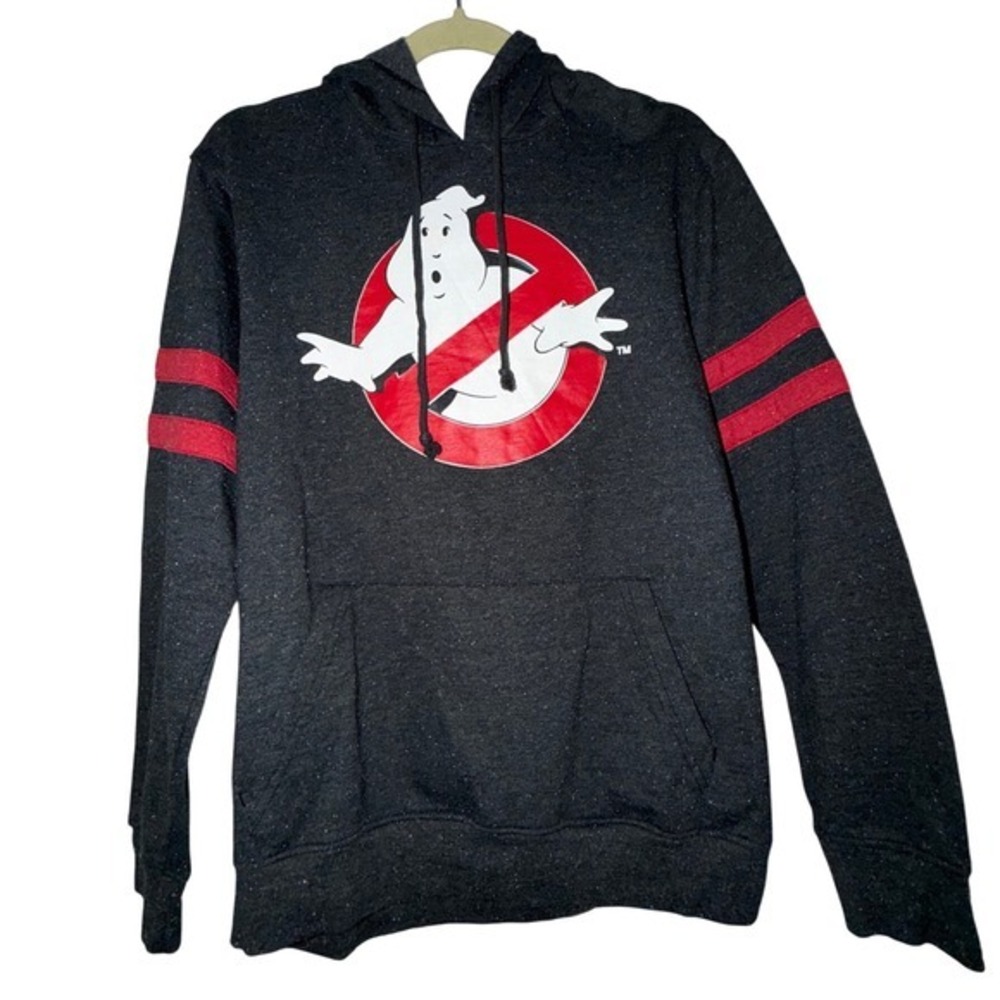 Ghostbusters Pullover Hoodie Mens Size M Dark Gray Red Stripe‎ Sleeve Graphic